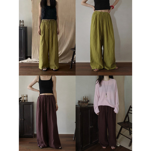 MMCC 不缩水亚麻 微皱感宽松阔腿休闲长裤女2025松弛垂感有里布