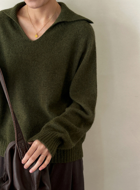 MMCC慵懒风绵羊毛混纺 翻领小V领套头针织衫长袖打底衫毛衣女