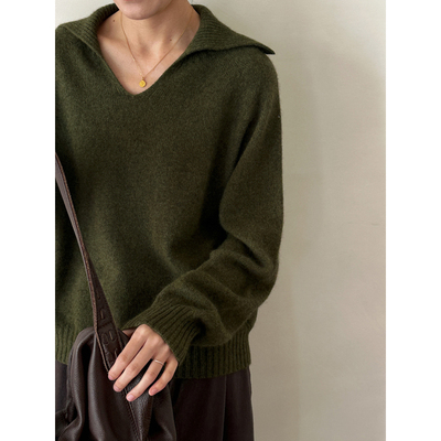 MMCC慵懒风绵羊毛混纺 翻领小V领套头针织衫长袖打底衫毛衣女