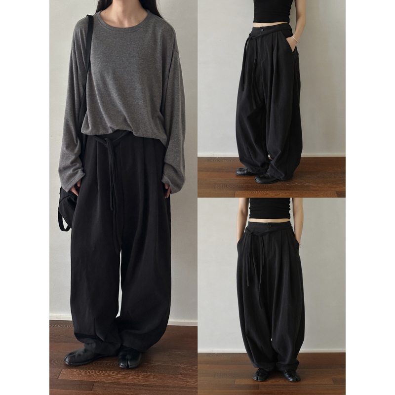 MMCC进口料黑色慵懒风山本裤松紧腰磨毛款宽松显瘦阔腿裤长裤女