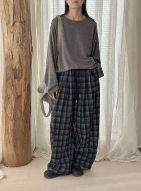 MMCC慵懒风复古格子薄绒松紧腰抽绳百搭休闲阔腿裤直筒裤长裤女