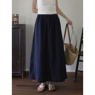 MMCC夏日的尽头是汉麻 气质老钱风深藏青 自然微皱花苞裙  半裙女