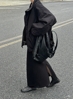 MMCC慵懒风羊毛混纺设计款松紧腰高腰显瘦后开叉半身裙毛呢半裙女