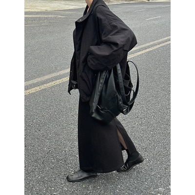 MMCC慵懒风羊毛混纺设计款松紧腰高腰显瘦后开叉半身裙毛呢半裙女