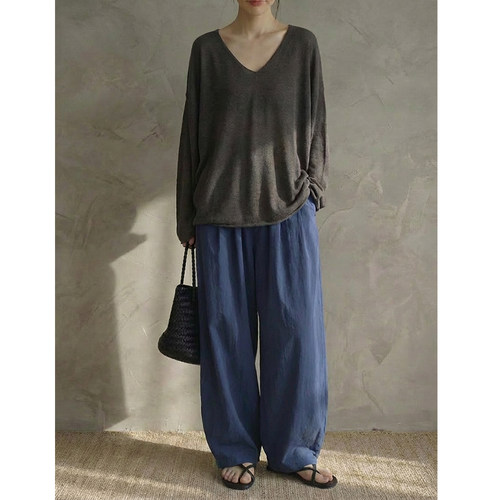 MMCC夏日清凉亚麻V领防晒空调衫慵懒长袖三色针织衫上衣女