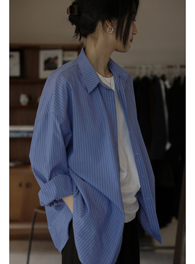 MMCC新款法式休闲宽松百搭长袖蓝白条纹衬衫女