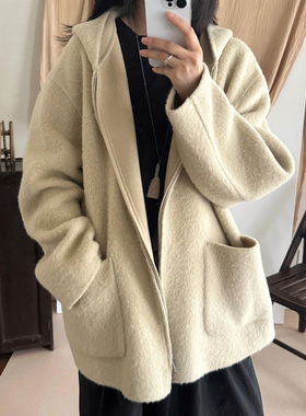 MMCC慵懒风高级感气质百搭温柔连帽拉链款大口袋羊驼毛大衣外套女