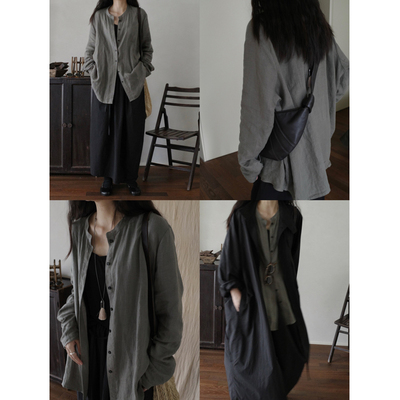 MMCC私服自留 无性别不缩水 雾灰绿洗水亚麻衬衫 暗黑小立领上衣