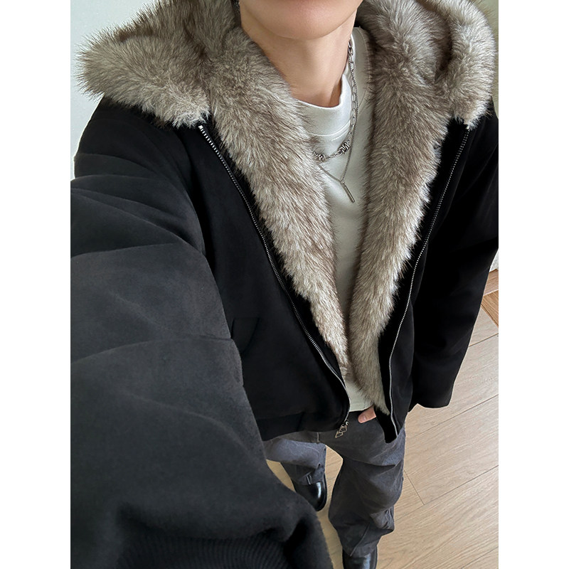 座山雕猫耳麂皮毛领棉衣男生冬季加厚美式情侣装棉袄连帽棉服外套