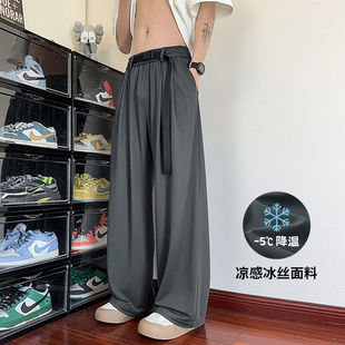 男夏季 长旁带腰带松紧大码 垂感冰丝休闲裤 薄款 男生 裤 子运动速干裤