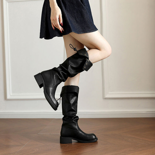 2024年秋冬新款长靴时尚中筒靴厚底机车靴粗跟堆堆靴子
