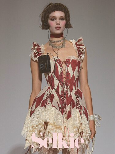 【Selkie官方授权】NYFW|小丑 红白菱格纹蕾丝系带胸衣套装 26秋