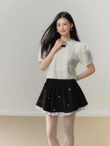 LaFreedom旗舰店千金风miu系钉珍珠针织衫套头短袖女秋季宽松上衣