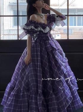 NoneOfUs【Selkie官方授权】紫色学院风格纹印花礼服裙