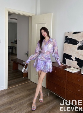 June Eleven官方授权晕染紫色植绒蝴蝶衬衫裙 清新气质收腰连衣裙