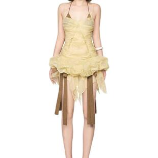 Isoul 不规则挂脖褶皱飘带辣妹连衣裙PUTAL DRESS