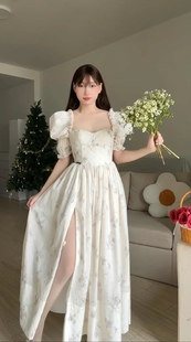 连衣裙开衩长裙 碎花方领泡泡袖 越南设计师品牌Bel Ange甜美法式