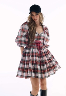 【Selkie官方授权】秋上新｜啤酒节红格子迷你五分袖收腰连衣裙
