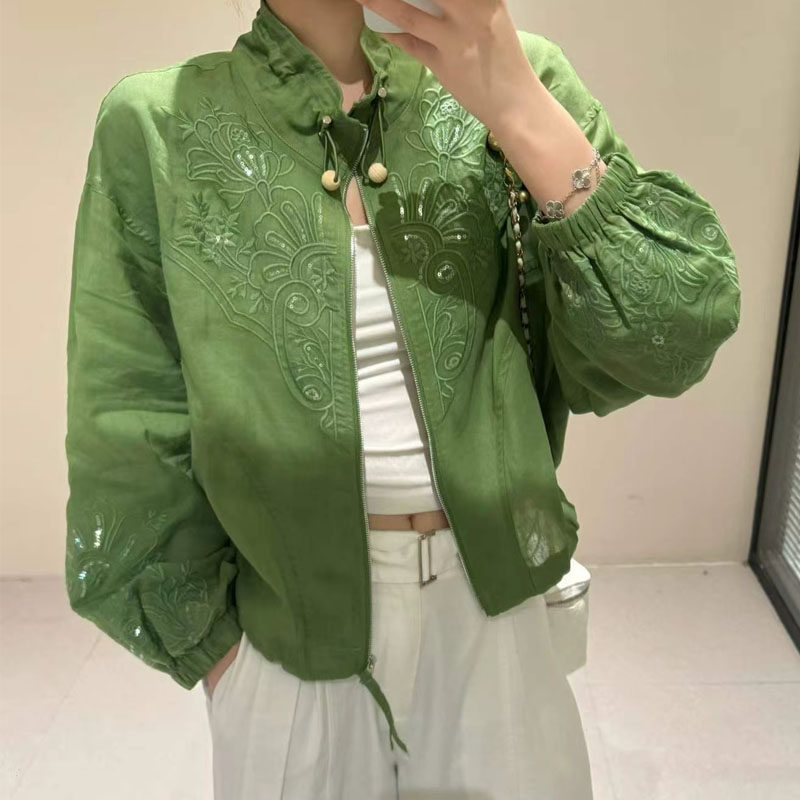 休闲刺绣棉麻外套灯笼袖短款夹克