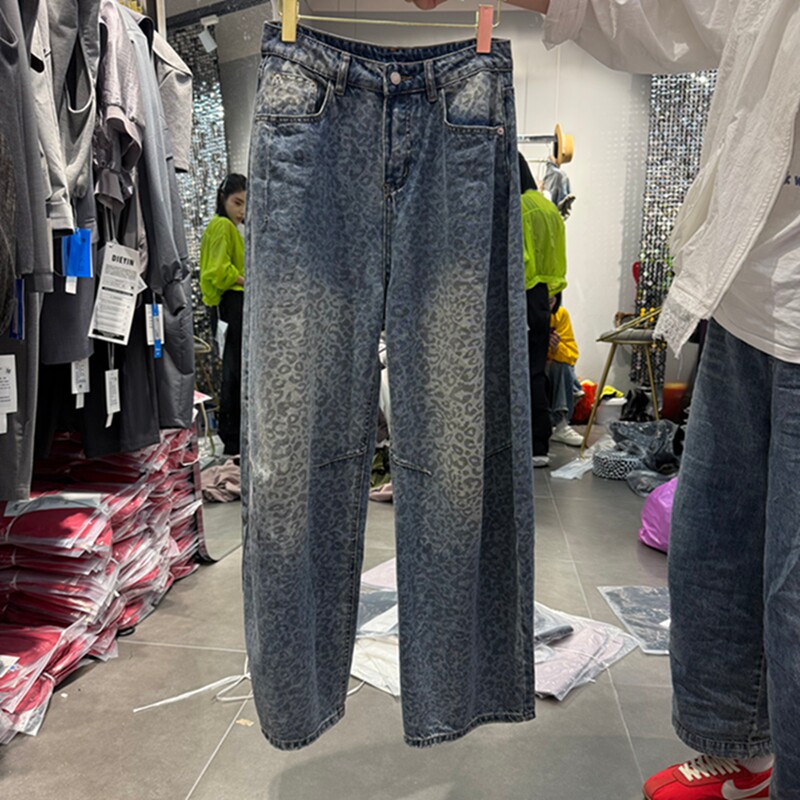 豹纹阔腿牛仔裤女高腰宽松拖地裤
