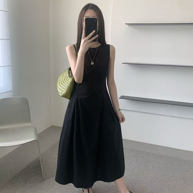蔓绱法式无袖白色极简风连衣裙女2026夏拼接收腰背心裙花苞长裙