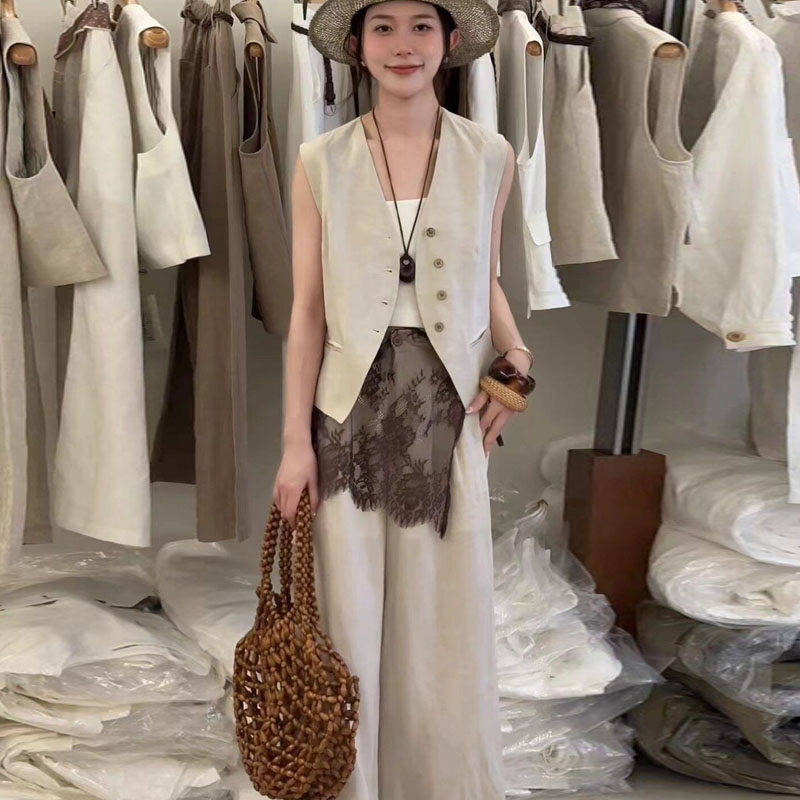 欧货老钱风亚麻马甲阔腿裤两件套女夏季薄款高级感松弛感显瘦套装
