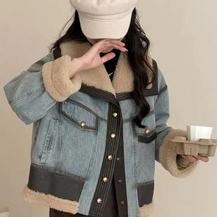 加绒牛仔外套女短款2025冬季新款羊羔毛拼接加厚保暖羽绒服上衣潮