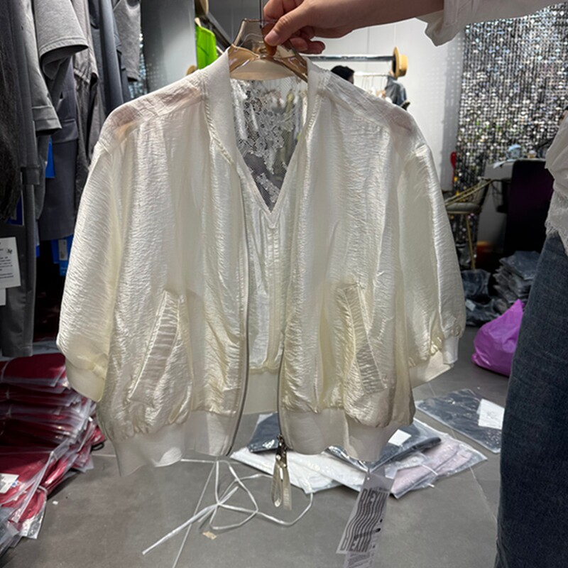 蕾丝拼接棒球服女夏季薄款短外套