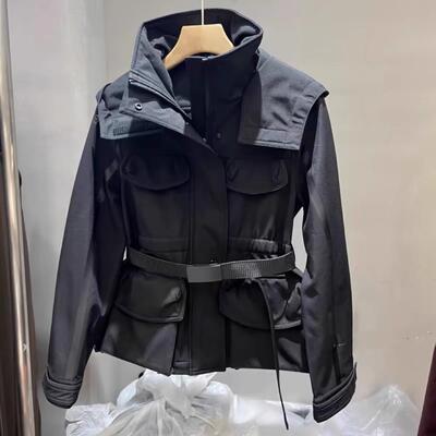 美式复古超好看黑色高领连帽外套