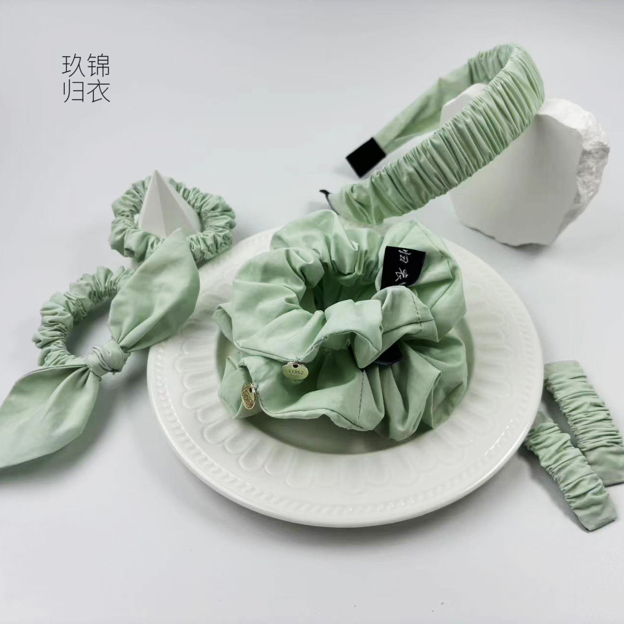 玖锦归衣原创设计布艺发饰纯色发圈发箍欧美风青春水绿0023
