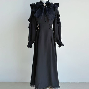 日单rojita露肩大蝴蝶结显瘦收腰荷叶袖长袖立领女生大摆裙