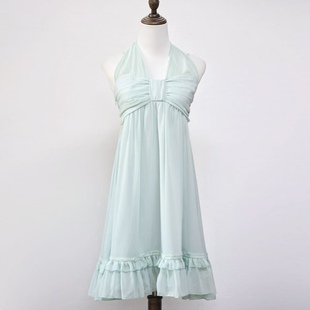 2025古着夏季新款女装绿色挂脖连衣裙简约风格宽松版型