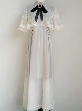 萝莉塔rojita斗篷袖套短袖女士网纱大蝴蝶结蕾丝花边气质拼接长裙