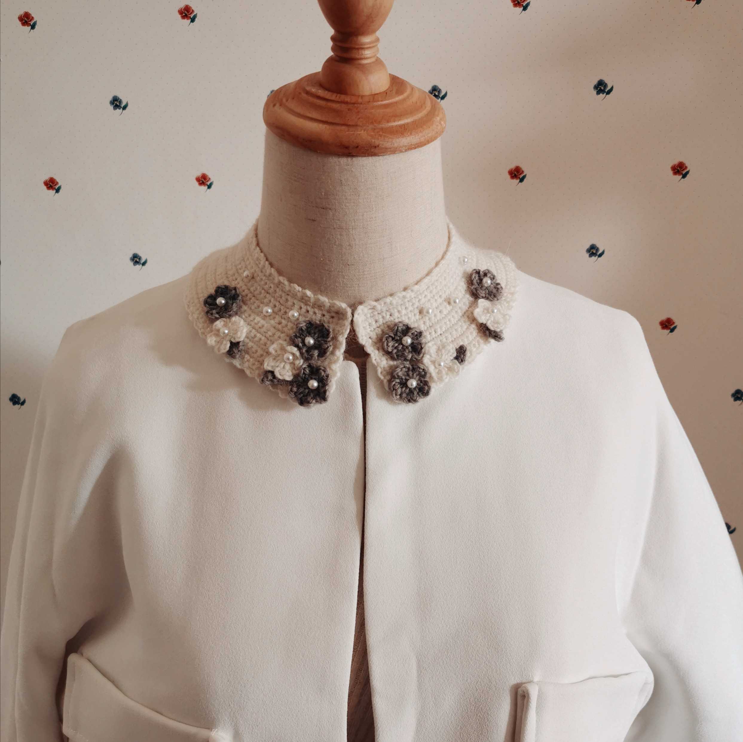 纯手工编织羊毛装饰假领花朵围脖毛线领珍珠复古钩花针织衣领