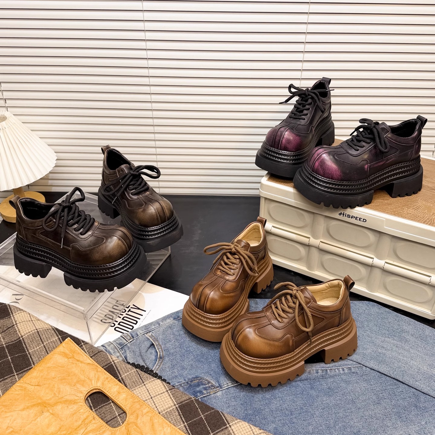 日本OFFCAT真皮厚底大头德比小皮鞋女德比鞋小个子增高乐福鞋单鞋