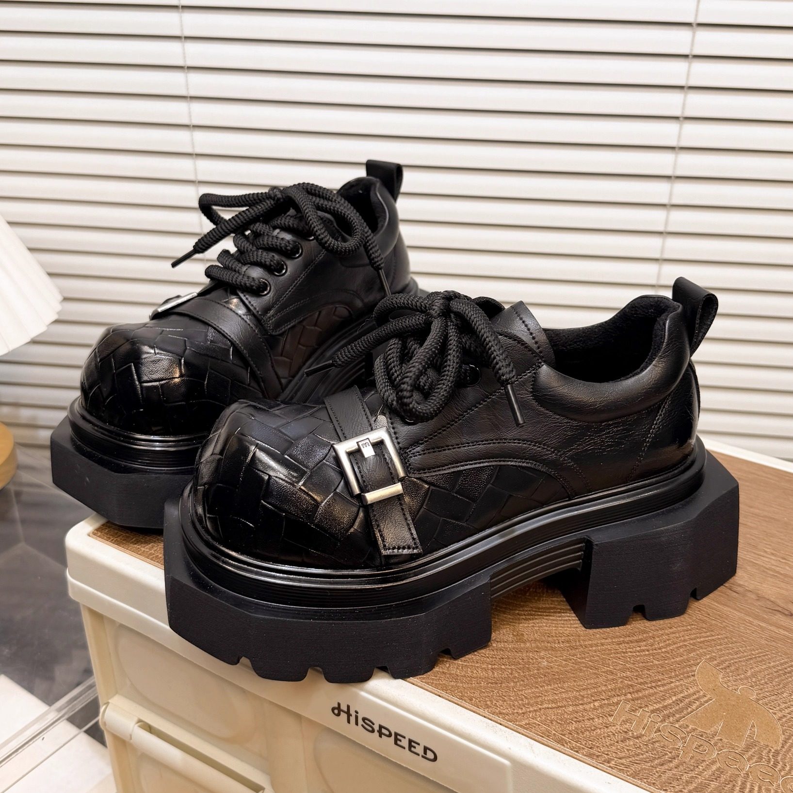 日本OFFCAT真皮编织厚底大头德比鞋女金属扣系带7cm学院JK小皮鞋