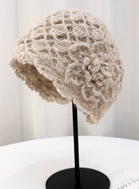 日系小众复古文艺蕾丝花朵镂空包头帽女甜美时尚针织毛线帽瓜皮帽