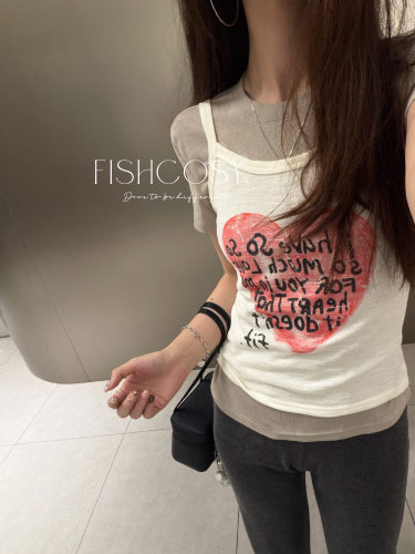 韩国新品 竹节棉爱心字母印花弹力吊带