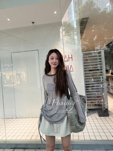 Fishcosy早秋 新品 莱赛尔亚麻 垂感撞色长袖 显瘦蕾丝拼接t