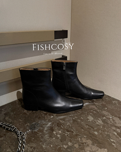 头层小牛皮法式 尖平头短靴 洋气