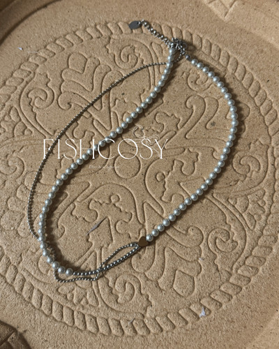 小流苏假两件灰银色珍串珠爱心项链 韩国2026新品