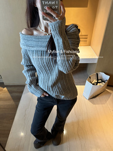 杂灰色堆堆领露肩针织毛衣