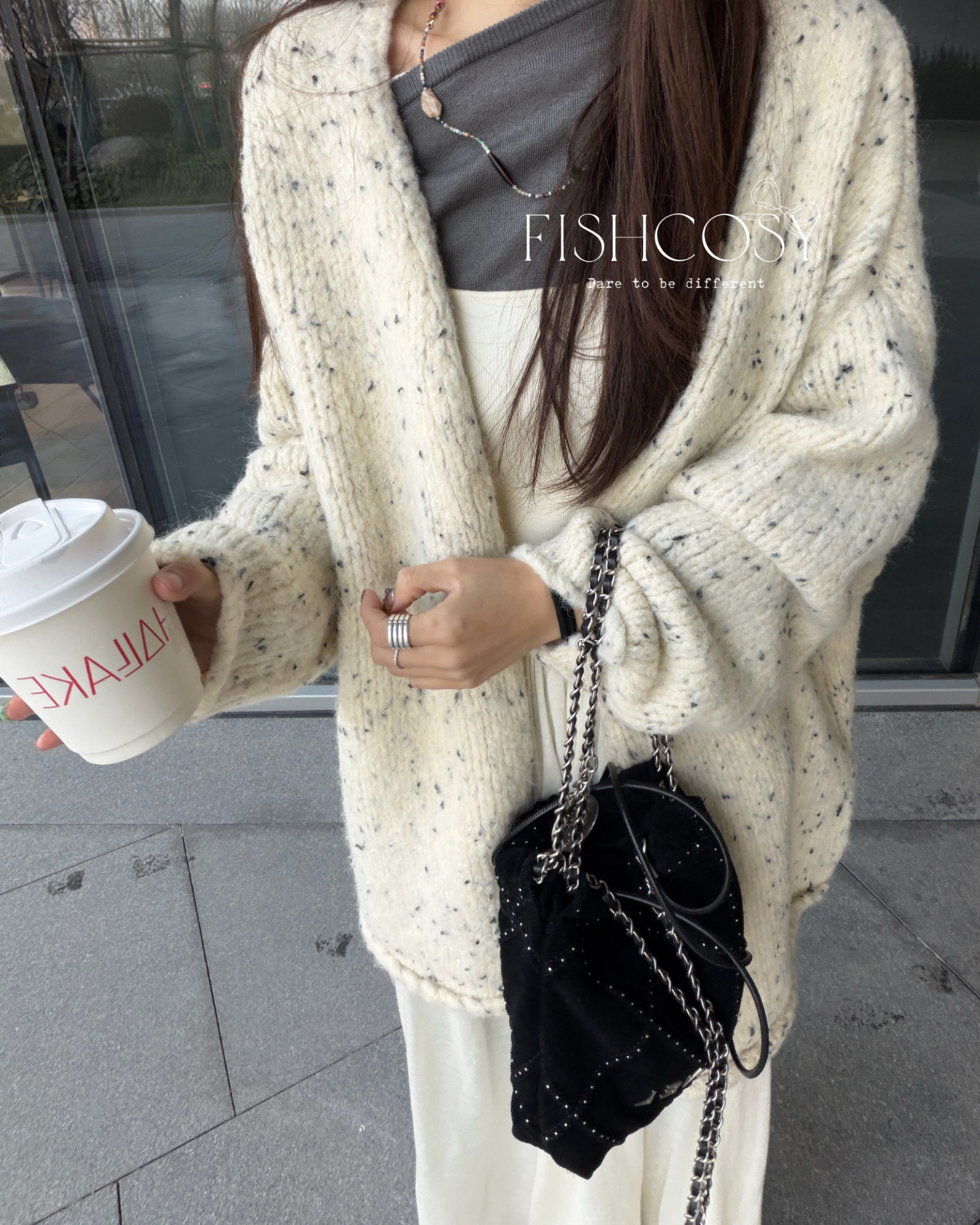 韩国新品杂点羊毛混纺针织卷边无扣开衫外套大毛衣,女装/女士精品,毛针织衫,淘宝优惠券,粉丝福利购,淘宝优惠卷