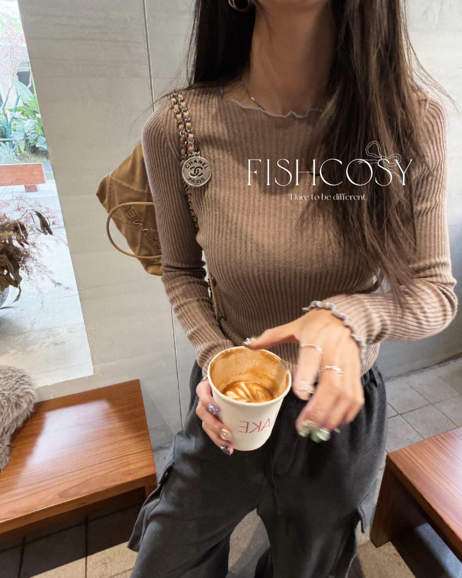 撞色美学 Fishcosy 韩国现货 波浪边长袖弹力小针织衫 修身不紧绷