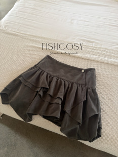 韩国现货 自带安全裤 麂皮短裙半身裙 fish 不规则裙摆