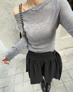 松散织感 超显瘦 韩国2026春新款 fish 羊毛混纺一字肩针织衫