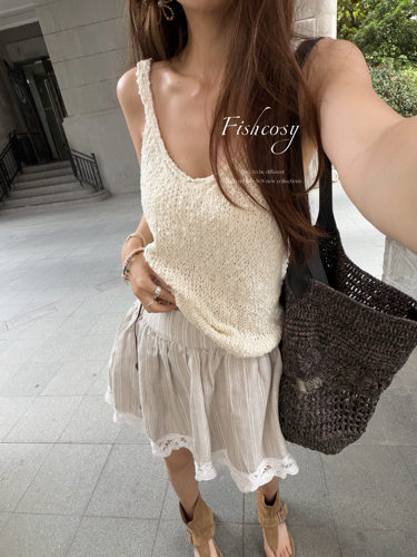 韩国颗粒感针织背心Fishcosy  叠穿宽松吊带 宝蓝色杏色 两色现货