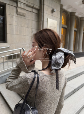 Fishcosy 法式蕾丝飘带 复古水墨四角方巾皮筋 超大发圈 秋冬氛围