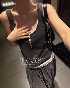 夏威夷人鱼 韩国2026早春新品 气质内搭 假两件撞色针织吊带背心