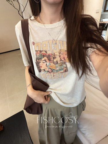 韩国复古做旧印花短袖T恤休闲百搭